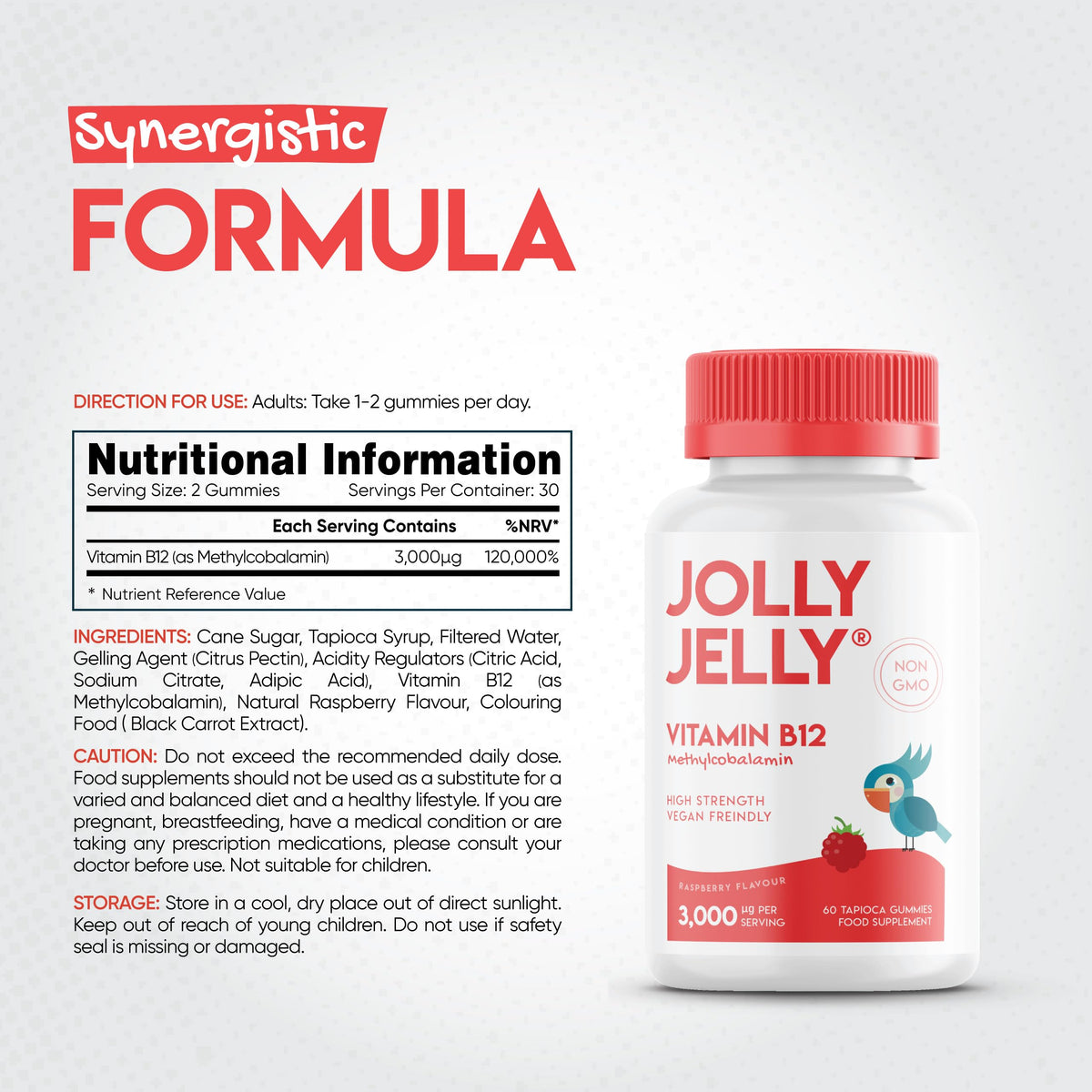 JOLLY JELLY Vitamin B12 Tapioca Gummies - 3,000mcg - High Strength Methylcobalamin Gummies - Non-GMO, Gluten Free, Raspberry Flavour - 60 Vegan Gummies. 1 Pack