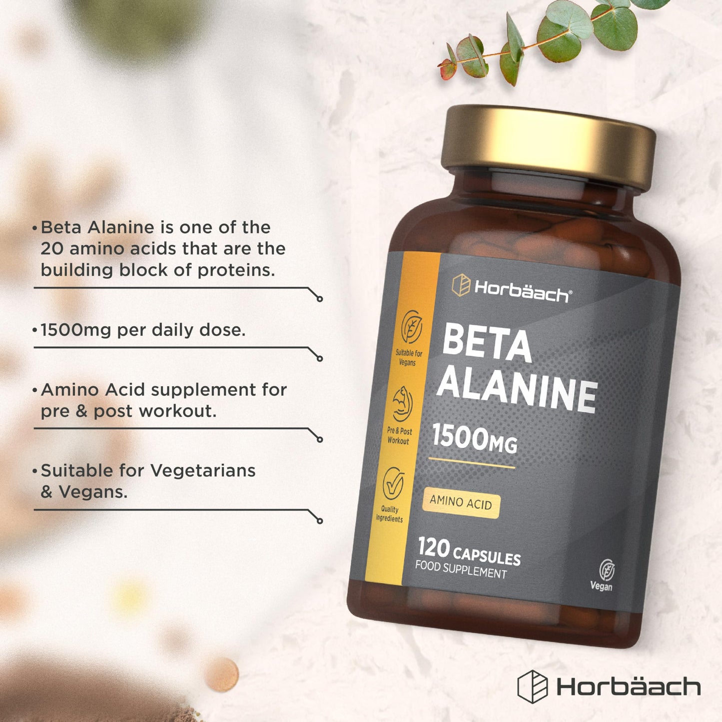 Horbäach Beta Alanine 1500mg | 120 Vegan Capsules | Premium Amino Acid Supplement for Men & Women | by Horbaach