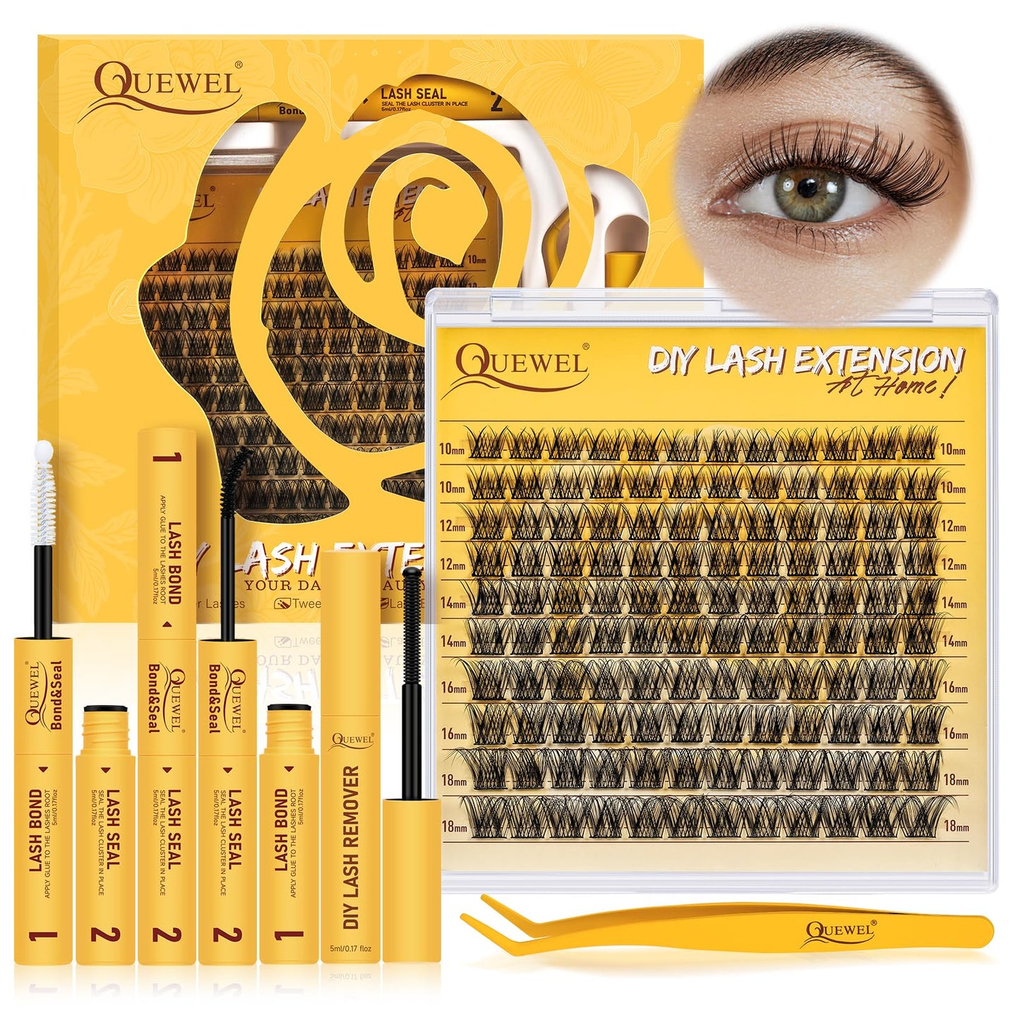 QUEWEL Natural Cluster Lashes Super Thin Band, Cluster Lashes Kit Natural Look, Reusable Eyelash Clusters with Lash Bond and Seal Lash Tweezer and Lashes Glue Remover(NATURAL-JX 02 KIT)