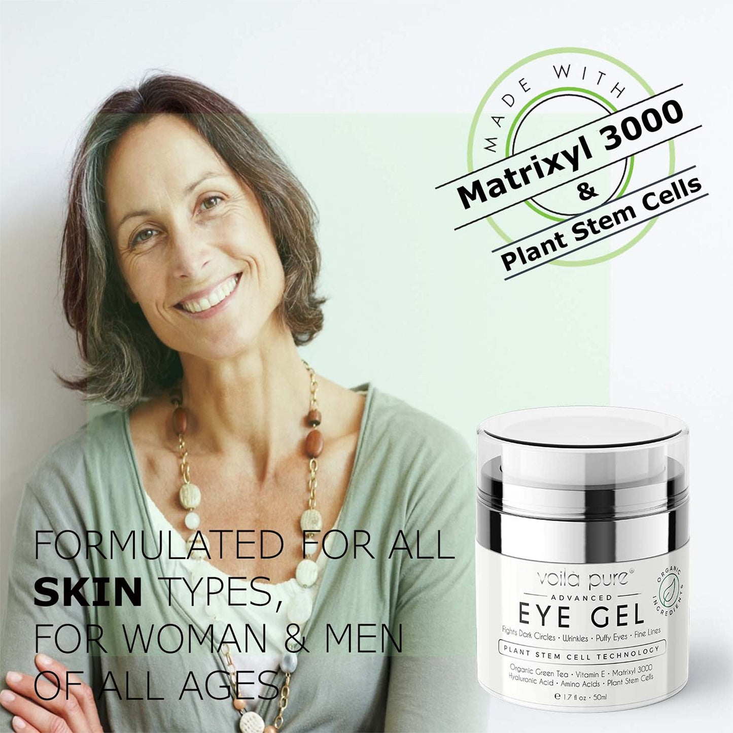 Voilà Pure -EYE CREAM - Cures Dark Circles, Puffiness & Crows Feet - Powerful But Gentle Organic Eye Gel - Anti-Ageing Formula With Matrixyl 3000 & Plant Stem Cells - 60ml Bottle