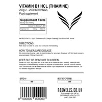 Vitamin B1 Powder Thiamine Hcl REDWELLS No Additives GMO Free Vegan - 250g Pack