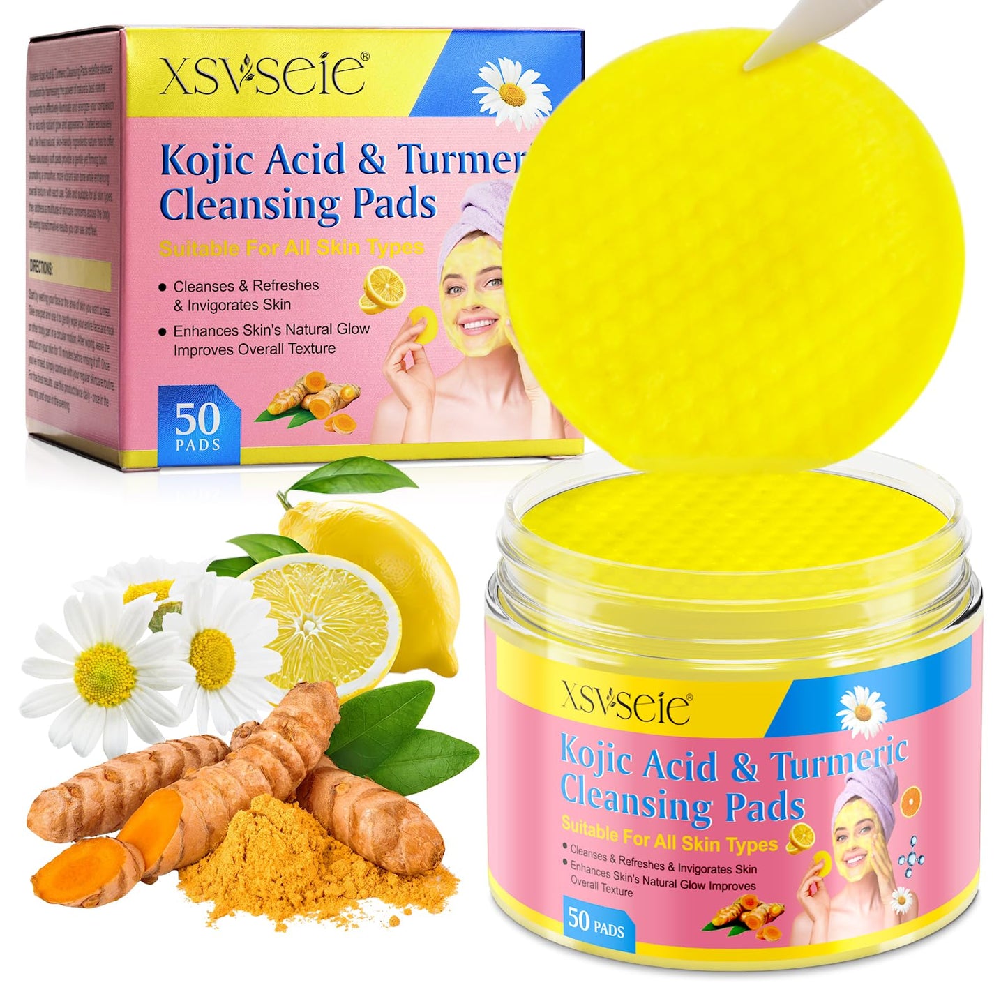 herlosfeel Kojic Acid And Turmeric Pads，Turmeric Kojic Acid Pads，Turmeric Kojic Acid Cleansing Pads，Turmeric And Kojic Acid Cleansing Pads Face Exfoliating Dark Spots Resurfacing Pads For Face & Body 50PCS