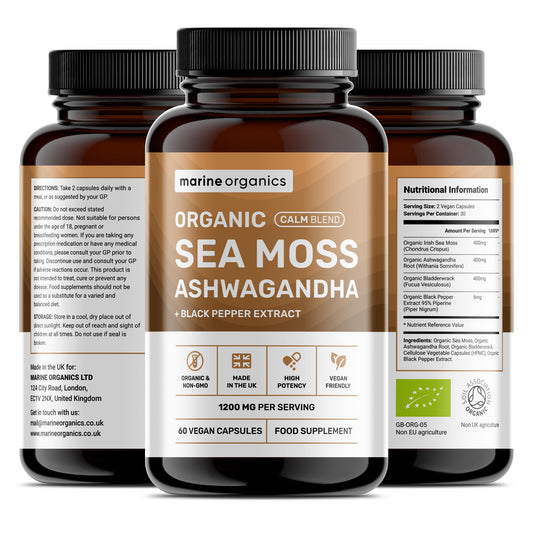 Marine Organics Organic Irish Sea Moss & Ashwagandha Capsules - Calm Blend - 60 Capsules - Ashwagandha High Strength 1200mg w/Black Pepper - Immunity & Stress Support - Vegan, Non-GMO, UK Made, Certified Organic