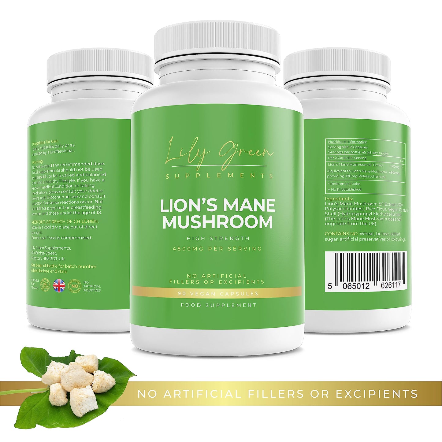 Lily Green Supplements Lily Green | Lions Mane Mushroom Supplement 4800mg per Serving | 90 Vegan Capsules | Mental Clarity & Focus | Immune Support | No Artificial Fillers | Made in UK