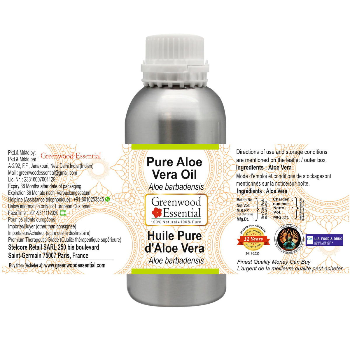 Greenwood Essential Pure Aloe Vera Oil (Aloe barbadensis) 100% Natural Therapeutic Grade for Personal Care 300ml (10.1 oz)