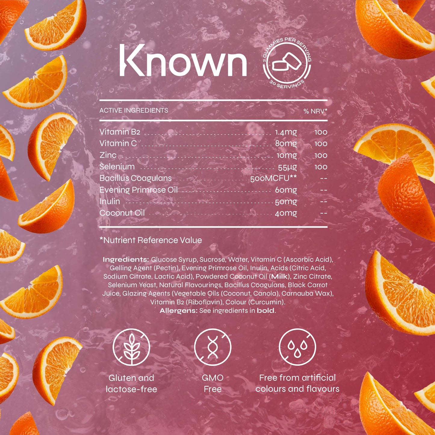 Known Tasty Clear Skin Gummies - with Vitamin C, Zinc & Gut-Friendly Bacteria - Supports Skin - Natural Orange Flavour - 60 Gummies, 2 Months Supply
