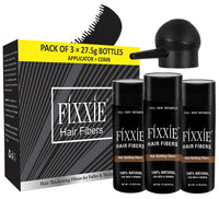 FIXXIE, fixxie Hair Fibres with Applicator + Comb, 82.5g Natural Keratin Hair Thickening Fibers for Thinning Hair, Hair Thickener For Women & Men, 27.5g X 3 Bottles (Pack of 3, Black)