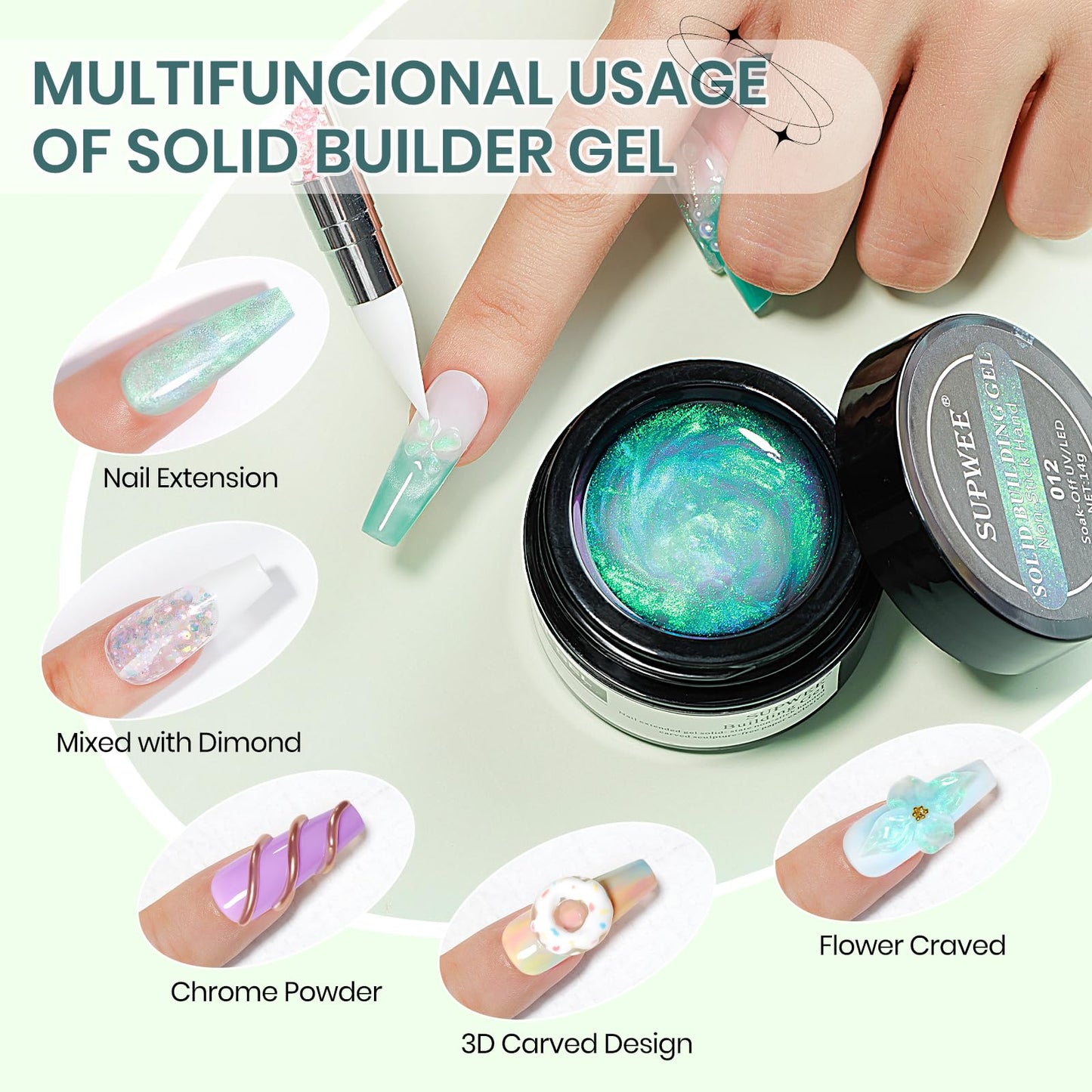 SUPWEE Solid Builder Gel fo Nails, Clear Aurora Green 3D Gel Nail Art 2 Colors Sculpting Gel for Nail Extension Gel Carving Nail Strengthen Hard Gel DIY Nail Art Salon At Home