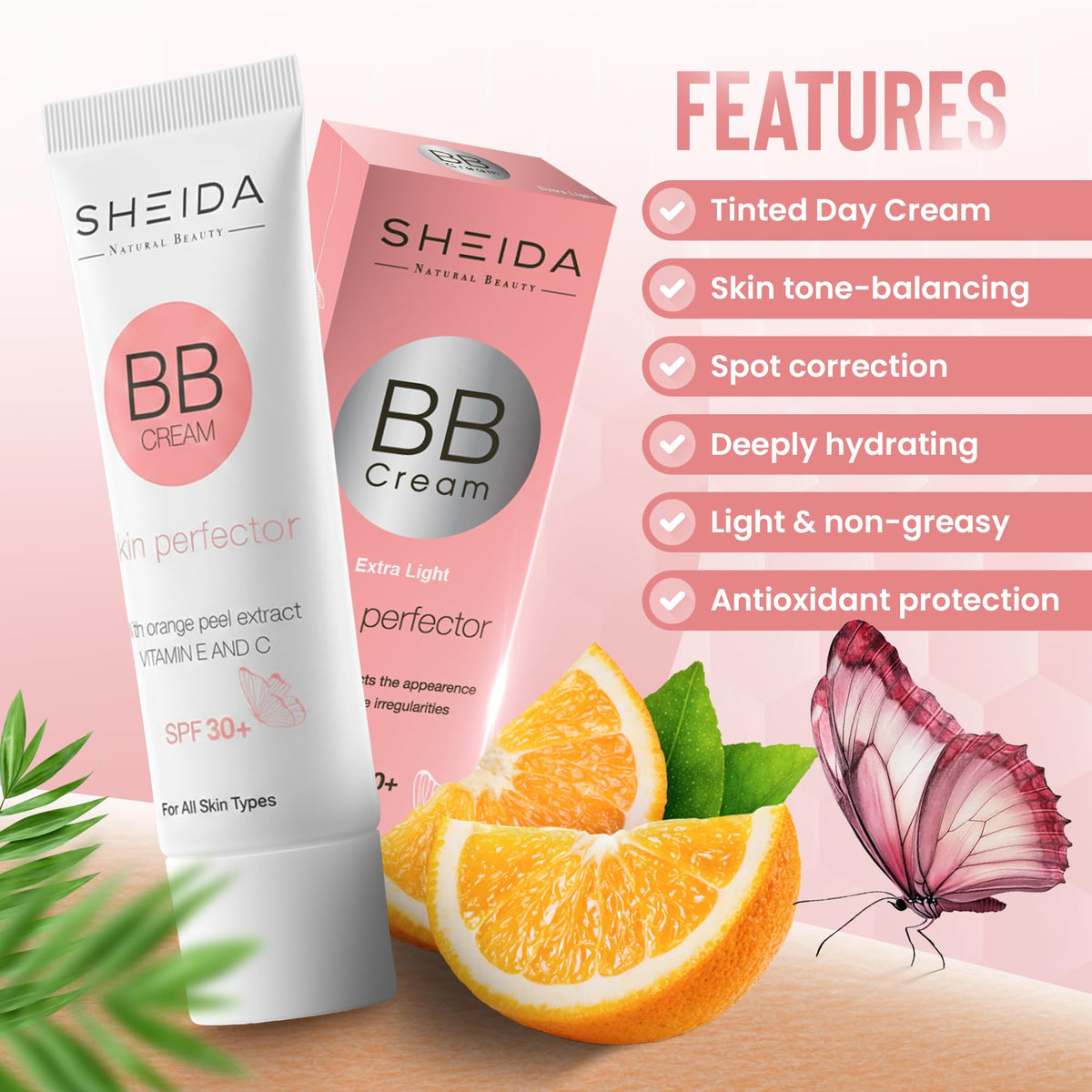 Sheida SHEIDA BB Creme, Tinted Day Cream with SPF 30+, 24h Moisture and Skin Optimiser for an Even Complexion, Enriched with Vitamin E & C. Multifunctional Care with Sun Protection (Extra Light, One Size)