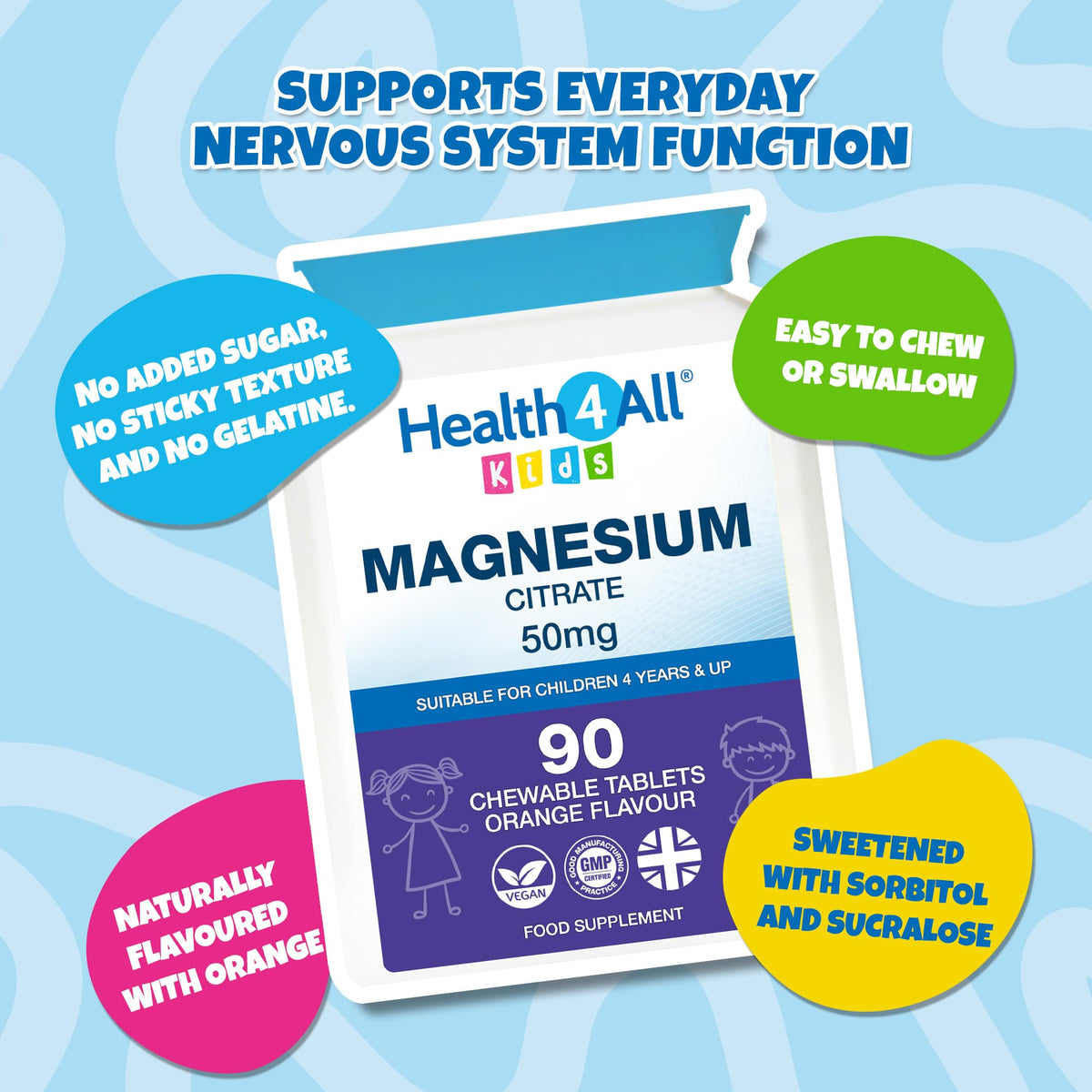 Health4All Kids Magnesium 90 Chewable Tablets for Anxiety, Sleep, Ticks. Tasty Orange Chewable Magnesium Supplement for Children 4+, Vegan, Sugar-Free | Made in UK | Alternative to Glycinate Gummies