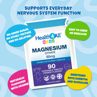 Health4All Kids Magnesium 90 Chewable Tablets for Anxiety, Sleep, Ticks. Tasty Orange Chewable Magnesium Supplement for Children 4+, Vegan, Sugar-Free | Made in UK | Alternative to Glycinate Gummies