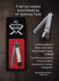 Stainless Steel Switchblade Foldable Comb (Black) - Push Button - Mr Sweeney Todd Flick Comb/Display Box