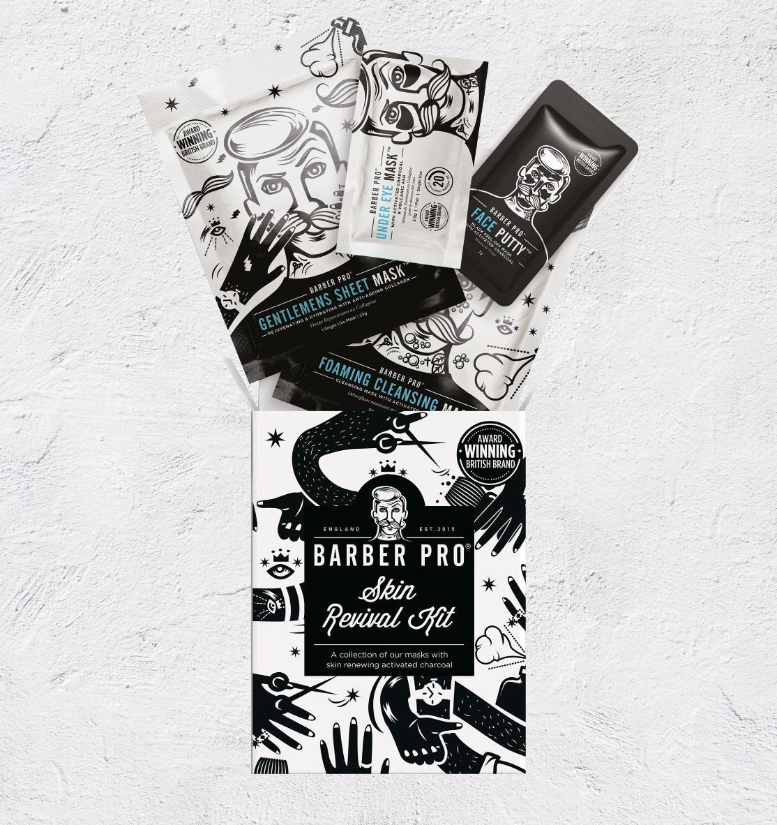BARBER PRO Skin Revival Kit | Pamper Sets for Men | Packed Full of Natural Ingredients | Includes 2 Face Masks, 1 Under Eye Mask, & 1 Peel Off Mask | Skin Care for Men |
