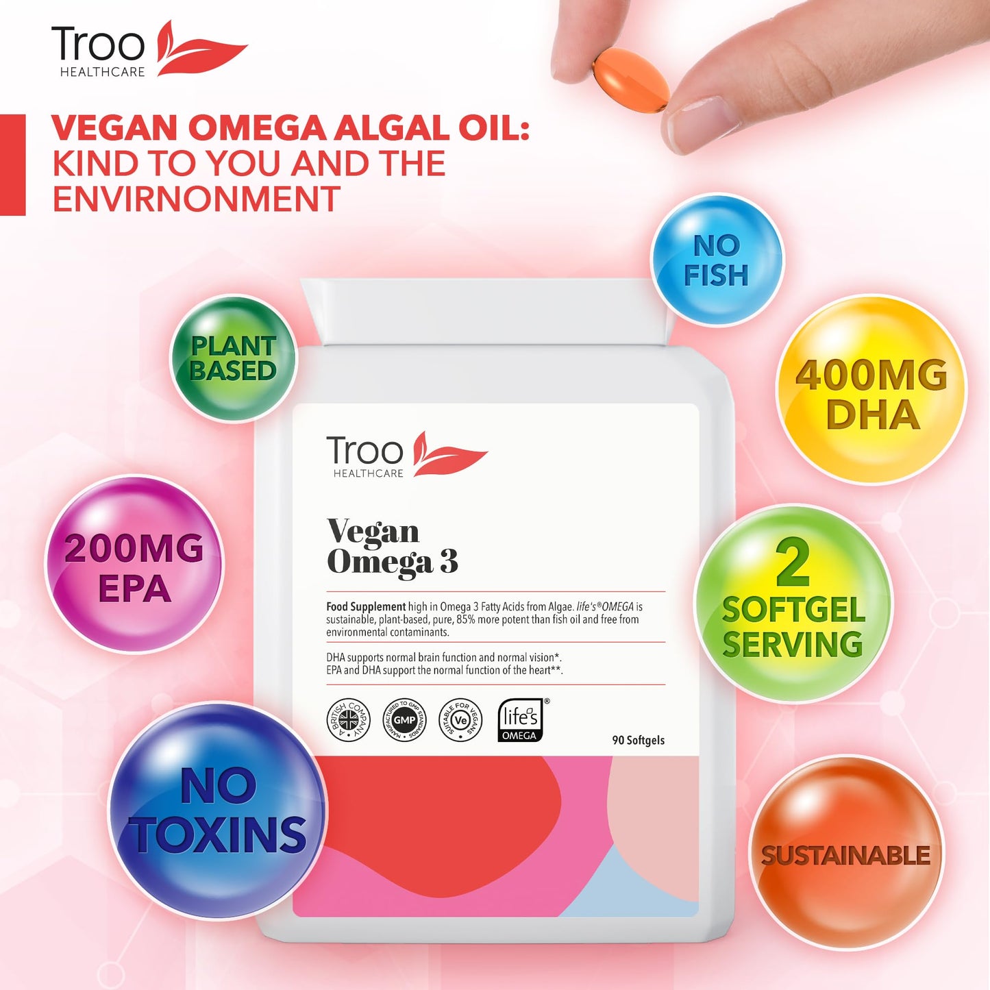 Troo Health Care Vegan Omega 3 Algal Oil 1332mg Per Serving - Provides 732mg Omegas Including a Minimum of 400mg DHA & 200mg EPA - Sustainable Plant Source Omega Oil Softgels - 90 Capsules - UK Made