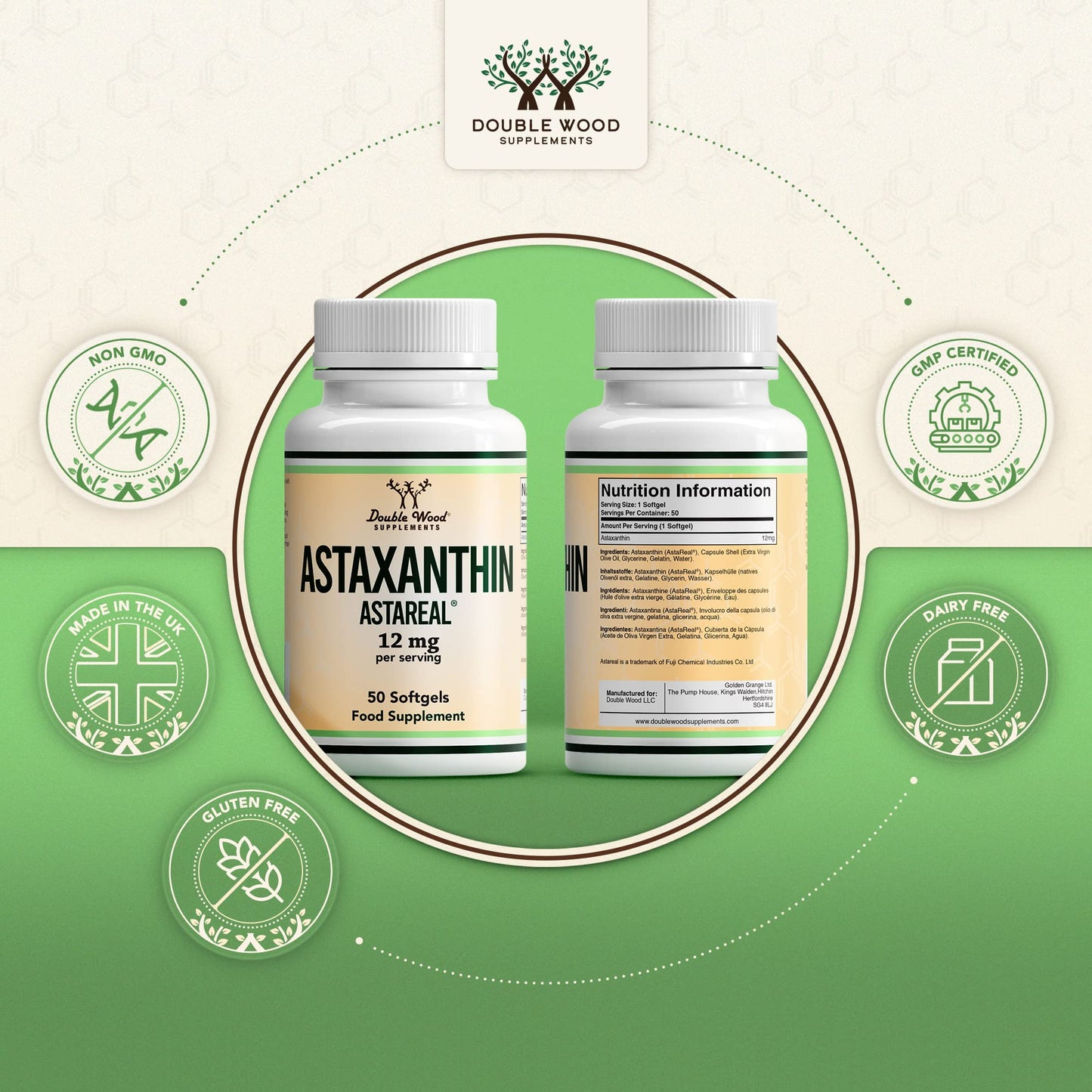 Double Wood Supplements AstaReal® Natural Astaxanthin 12 mg – 50 Softgels (1-A-Day) – Most-Studied Algal Antioxidant – Supports Skin, Eyes, Brain, Heart, Immunity & Performance