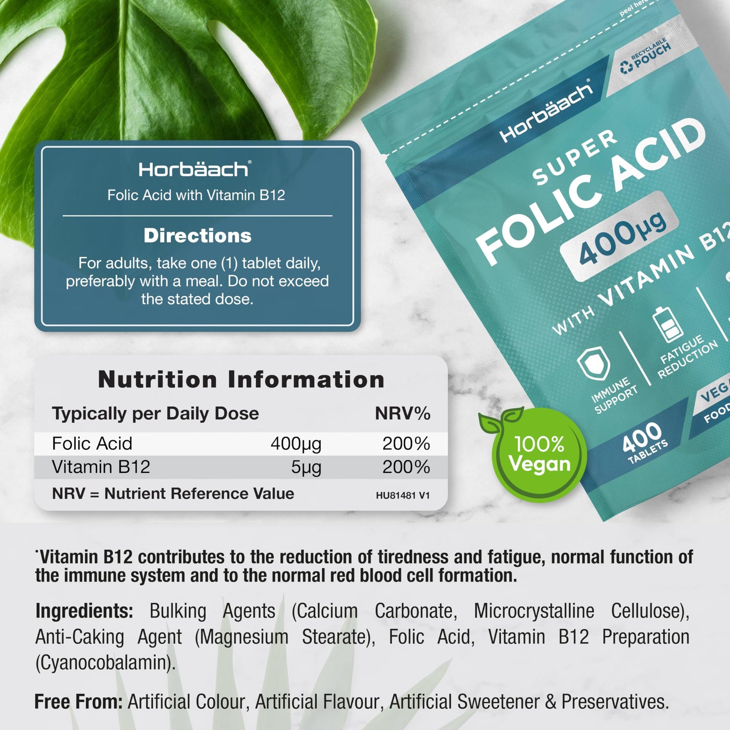 Horbäach Folic Acid Tablets 400ug | 400 Count | Super Strength Vegan Supplement with Vitamin B12 Methylcobalamin | No Artificial Preservatives | by Horbaach