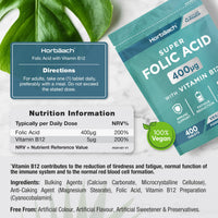 Horbäach Folic Acid Tablets 400ug | 400 Count | Super Strength Vegan Supplement with Vitamin B12 Methylcobalamin | No Artificial Preservatives | by Horbaach