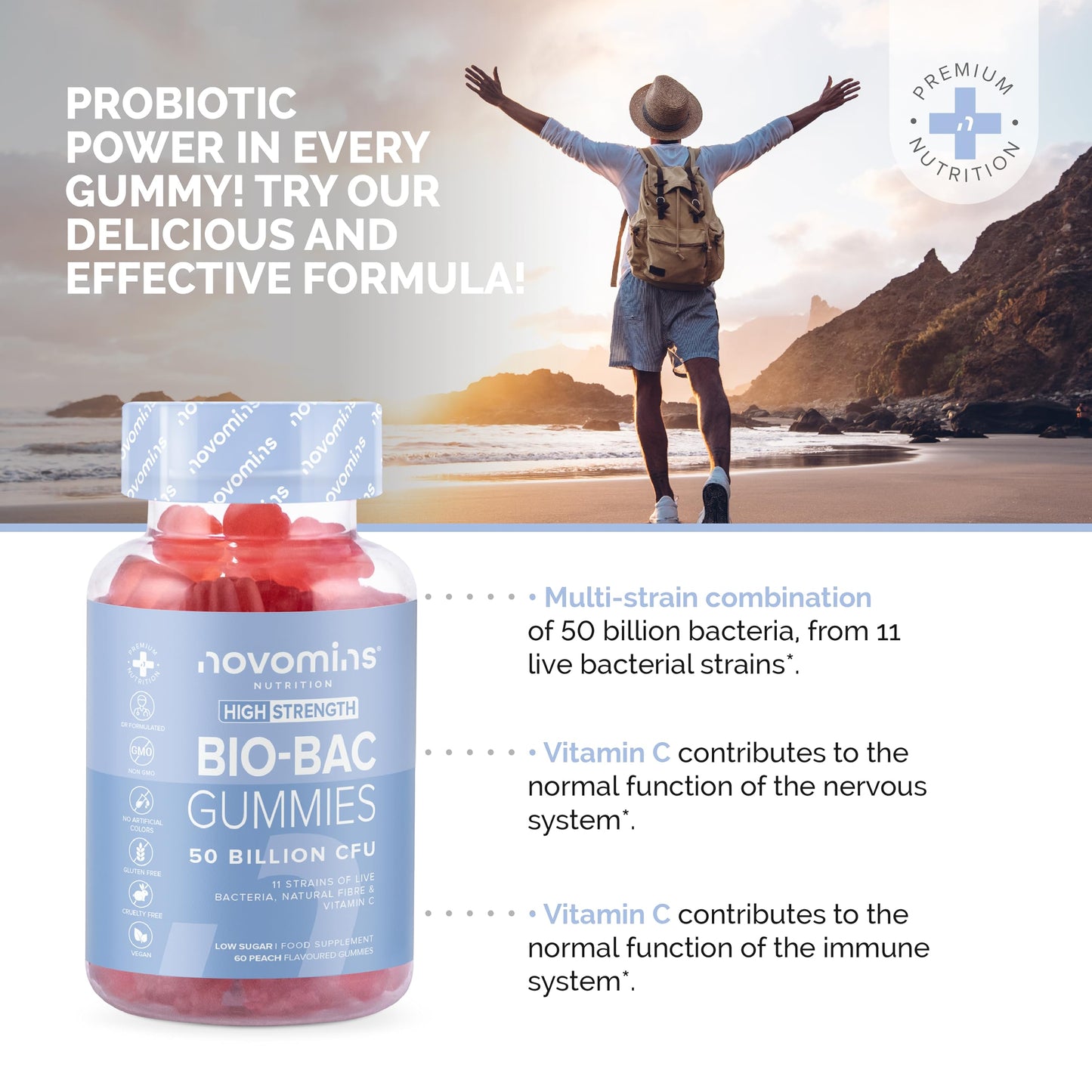 Probiotic Gummies – 50 Billion CFU – High Strength Probiotic Supplements for Men and Women – Bio-Bac Gummies for Adults - 11 Strains of Live Bacteria – Immune & Gut Support - by Novomins