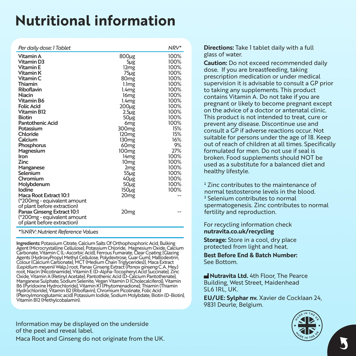 Nutravita Men's Multivitamins and Minerals - 25 Essential Active Vitamins and Minerals with Added Maca Root and Panax Ginseng - Multivitamin Tablets for Men - 180 Vegan Tablets - Made in The UK
