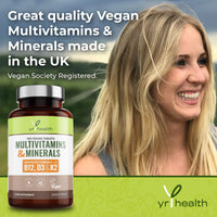 yrhealth Vegan Multivitamins & Minerals with Vitamin B12, D3 & K2, Zinc and Iron, 180 Vegan Society Registered Tablets for Men and Woman, 6 Month Supply - Made in The UK by YrHealth