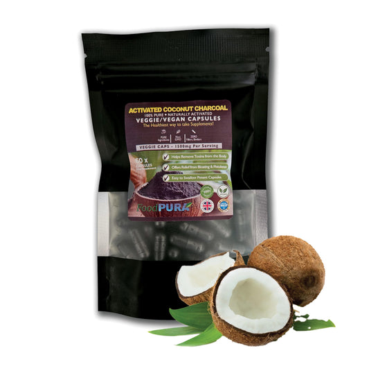 FoodPURA Coconut Activated Charcoal Capsules 1500mg x 60 100% Natural Vegan Digestive Supplement Reduces Bloating & Flatulence After Eating