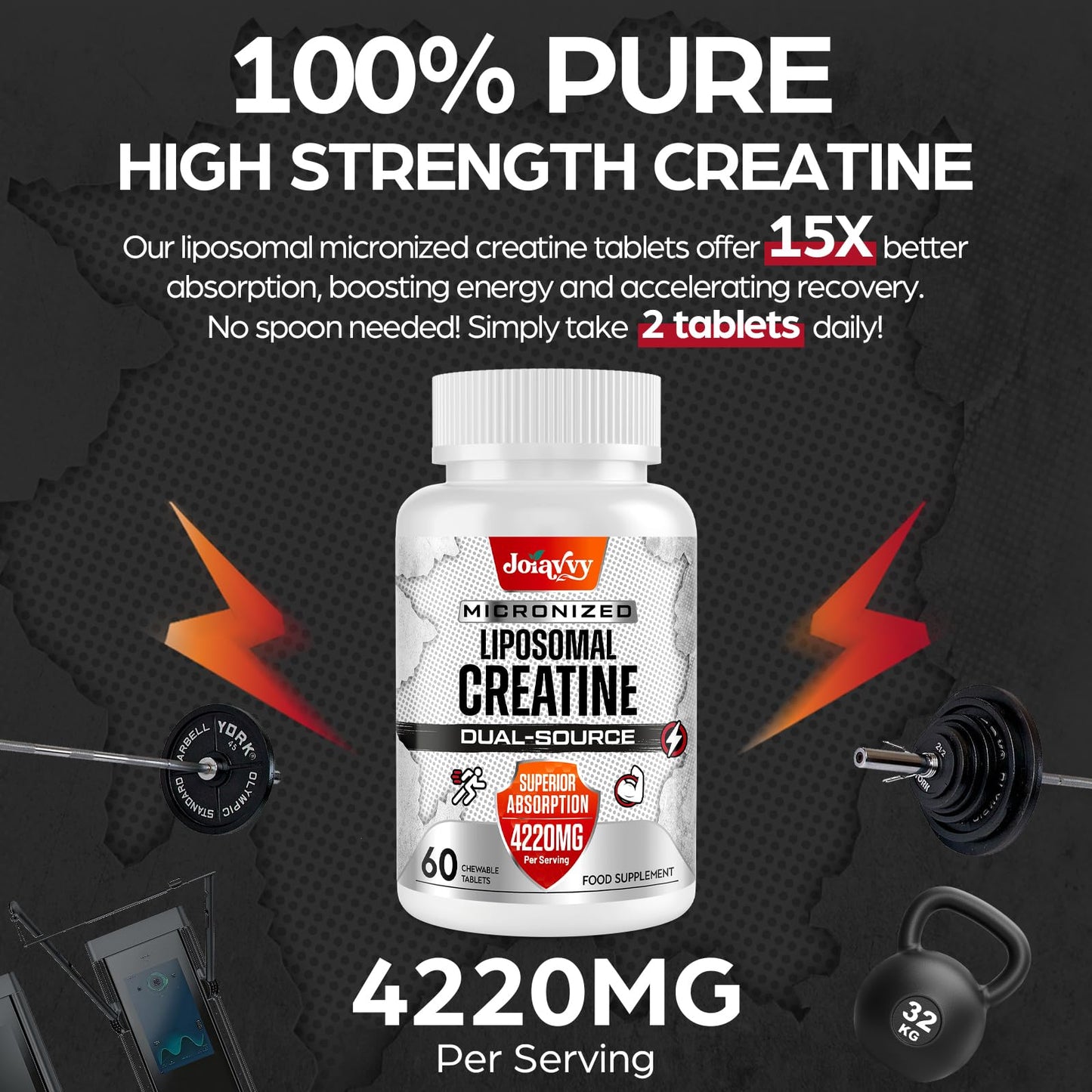 Joiavvy Liposomal Creatine Monohydrate Tablets 4220mg, 60 Chewable Pure Creatine Tablets, Added Creatine HCl, 15X Absorption, Creatine Powder Alternative, Gym Supplement for Men & Women, Vegan (120 Tablets)