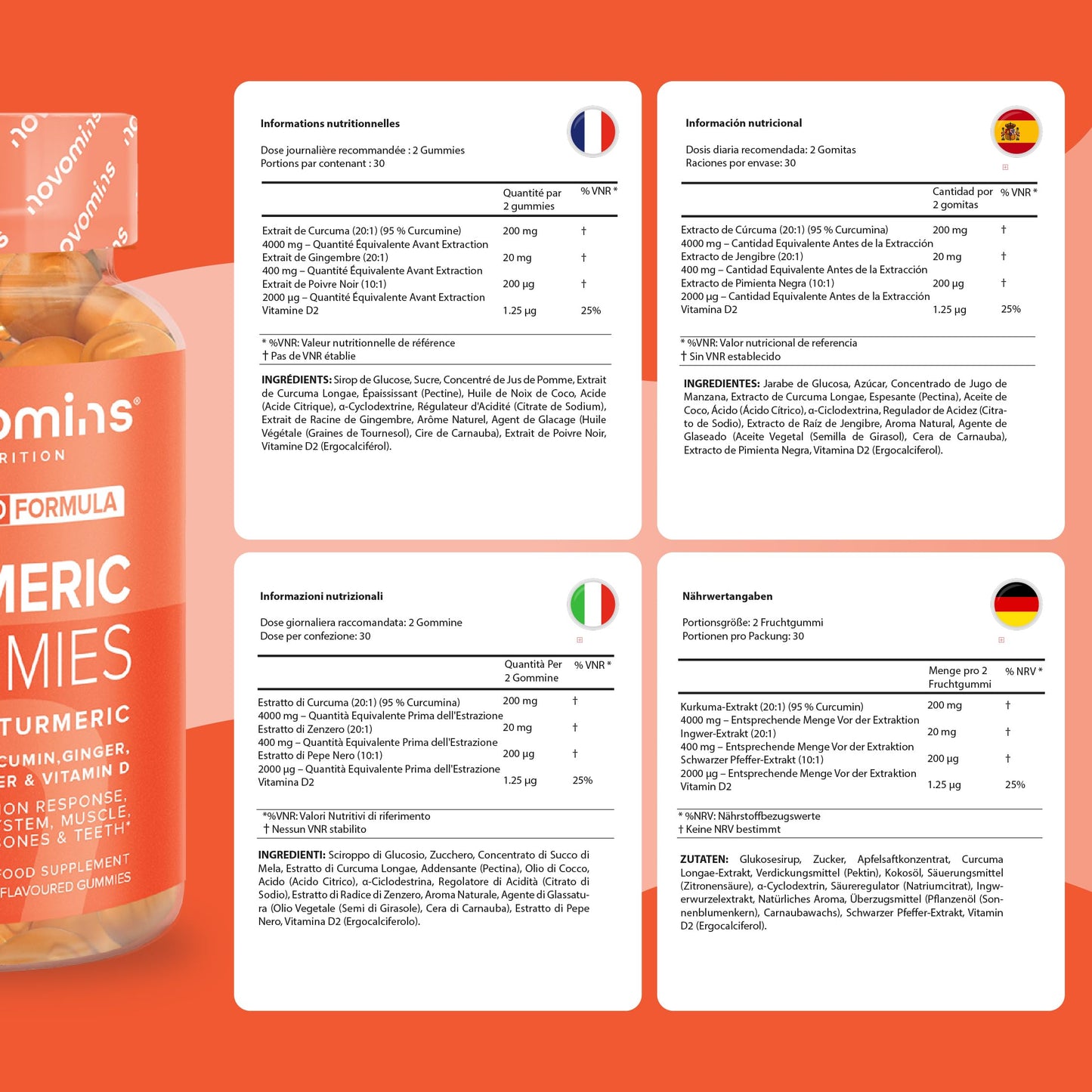 Turmeric Gummies – 4000mg High Strength Turmeric and Ginger Gummies with Curcumin, Black Pepper & Vitamin D – Tumeric Supplements Joint Support –Immunity, Muscle & Bone – Novomins