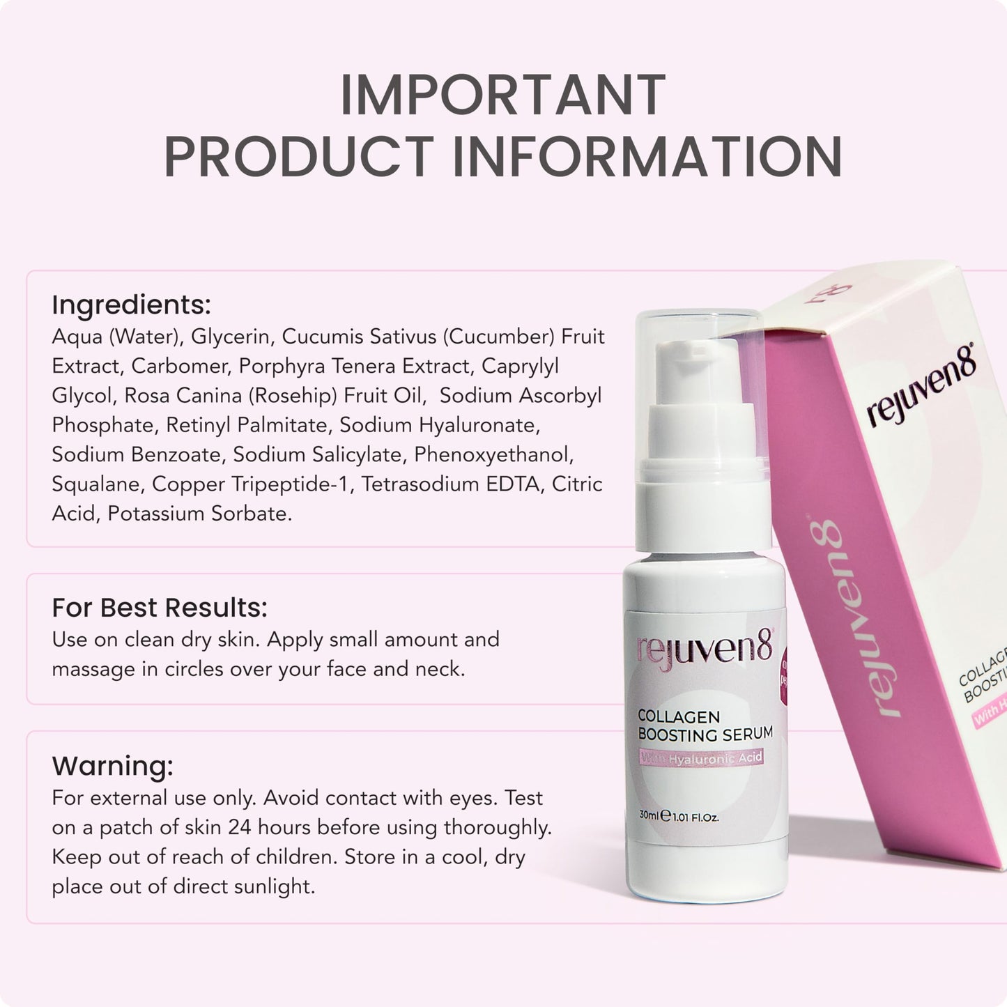 Rejuven8 Collagen Boosting Serum with Copper Peptides & Hyaluronic Acid – Anti Ageing Face Serum for Women – Vegan Skincare – Hydrating Collagen Serum for Fine Lines & Wrinkles – 30ml