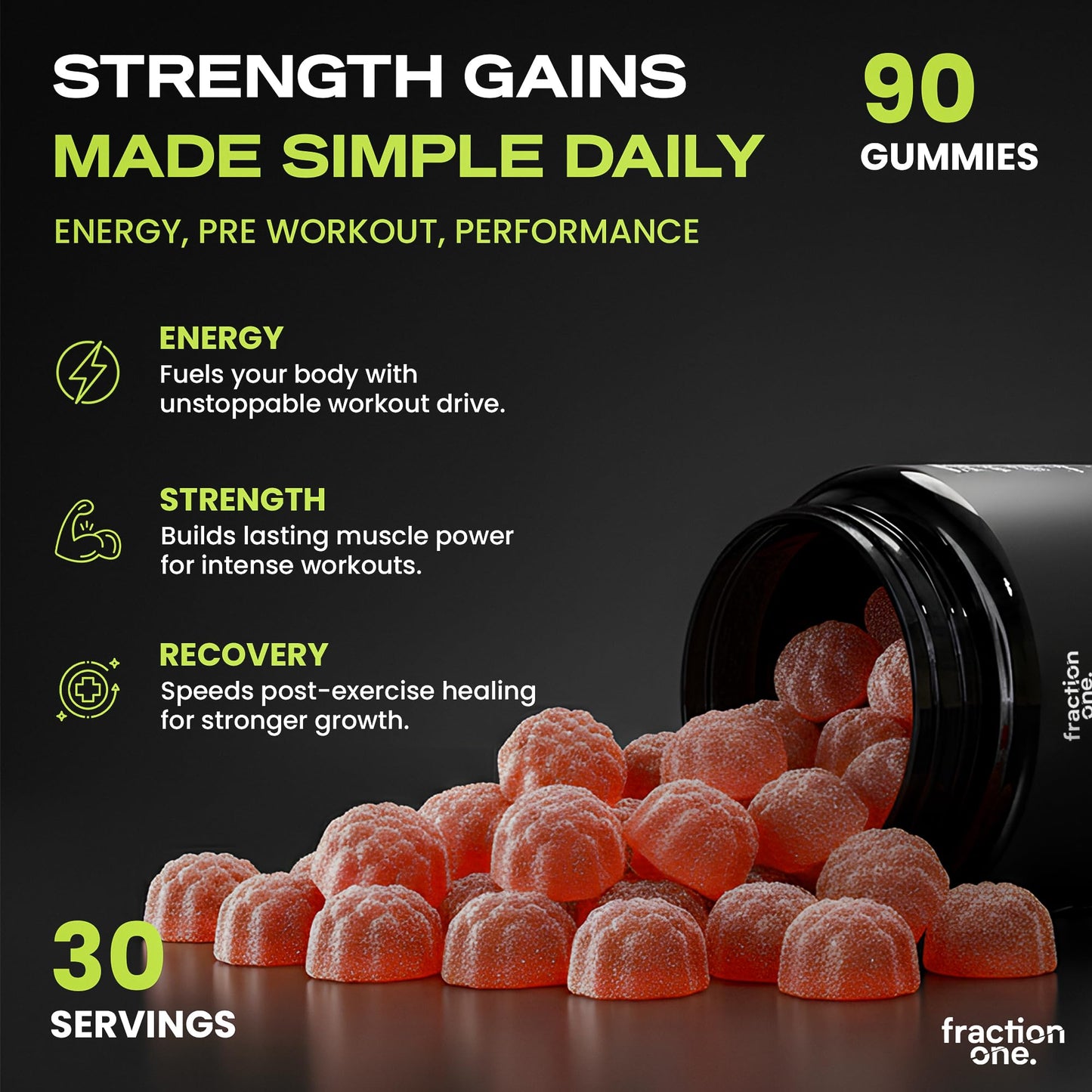 Fraction One Creatine Monohydrate 90 Gummies – Lab Verified, UK 3rd Party Tested, 30 Days Supply - 5000mg with BCAA’s per Serving, Pre-Workout Support, Muscle Recovery, Gym Supplement for Men/Women