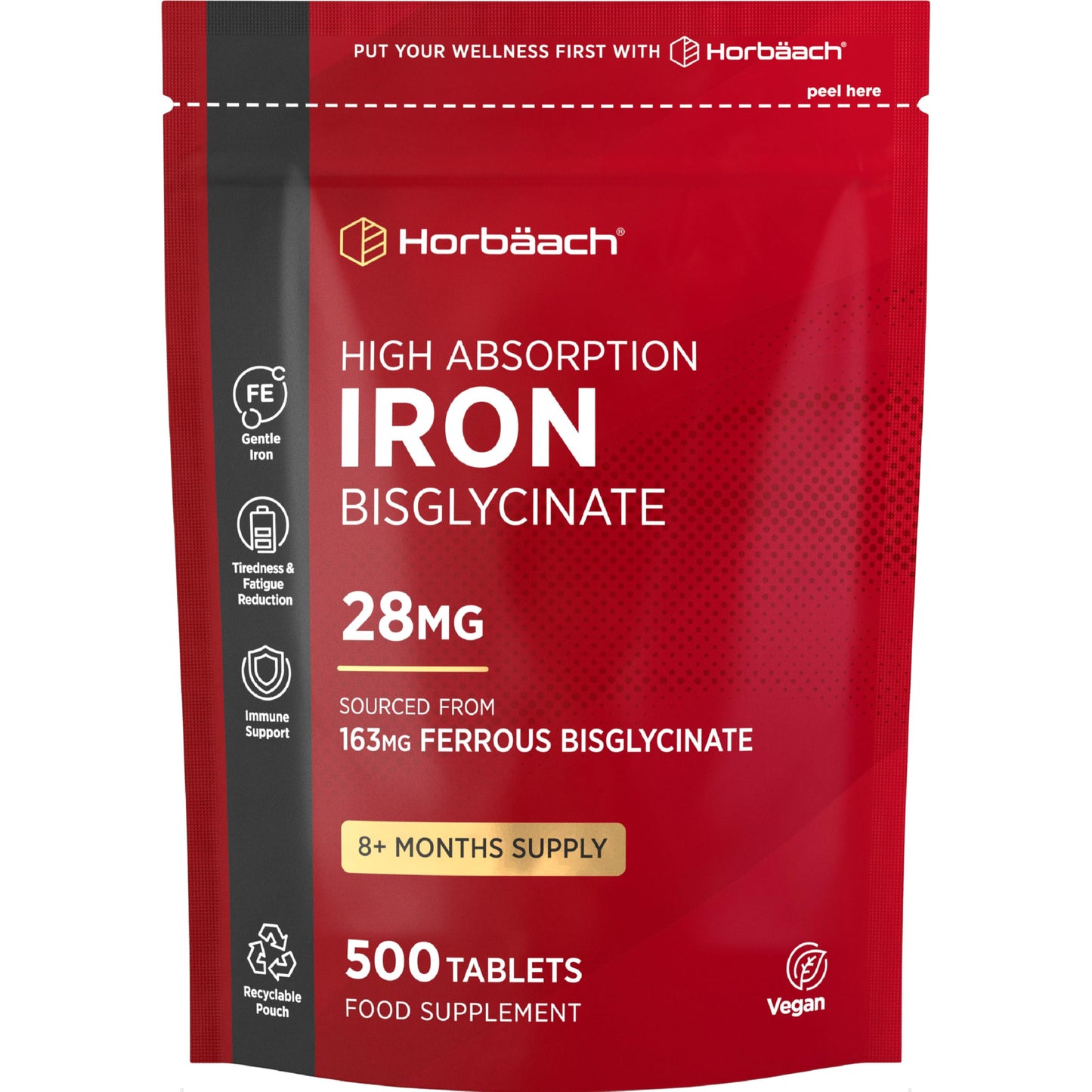 Horbäach Iron Tablets High Strength 28mg | 500 Tablets (8+ Months Supply) | Highly Bioavailable | Elemental Iron from 163mg Ferrous Bisglycinate | Vegan | Supplement for Men & Women | by Horbaach