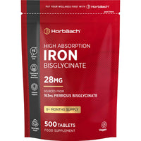 Horbäach Iron Tablets High Strength 28mg | 500 Tablets (8+ Months Supply) | Highly Bioavailable | Elemental Iron from 163mg Ferrous Bisglycinate | Vegan | Supplement for Men & Women | by Horbaach