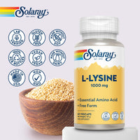 SOLARAY L-Lysine 1000mg - 60 Vegan Capsules not Powder - Double Strength l Lysine - Amino Acid Supplement - Non GMO & Lab Verified - Solaray