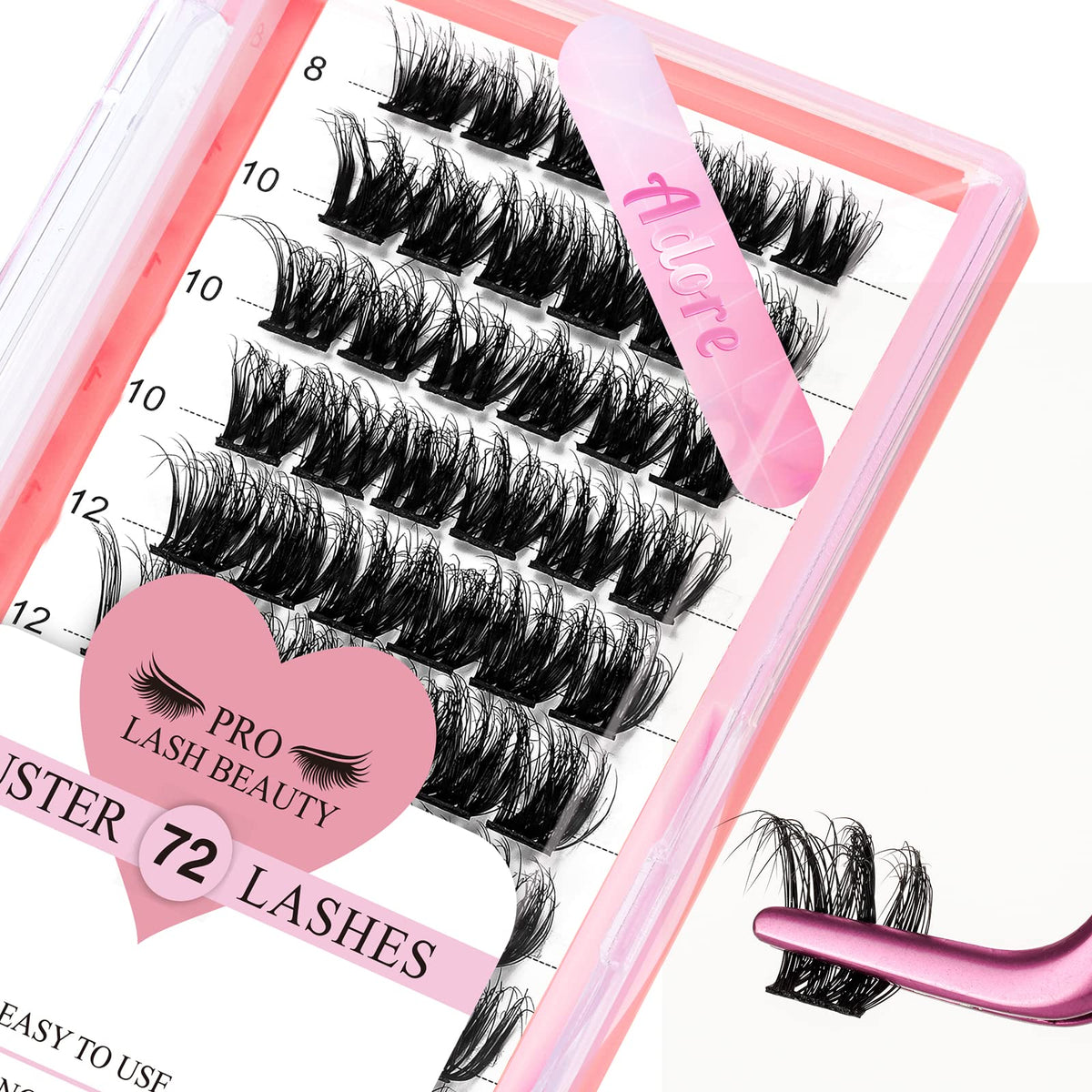 PRO LASHBEAUTY PRO Lash Clusters, 72 Pcs Individual Cluster Lashes 3D Effect DIY Lash Extension 8-16mm Eyelash Clusters Volume Wispy Lashes Super Thin Band Reusable Soft & Comfortable(Adore-3D Fluffy,D-8-16mix)