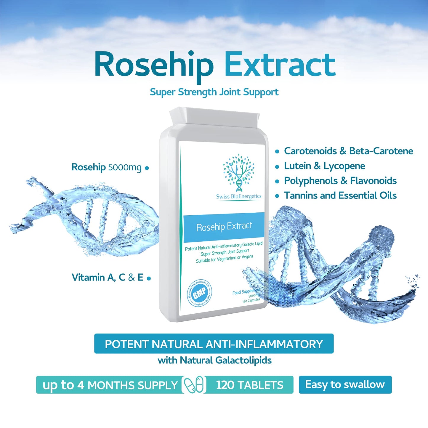 Rosehip 5000mg 120 Capsules - High Strength 250mg 20:1 Extract Rich in Vitamin A, C & E, Carotenoids, Beta-Carotene, Lutein, Lycopene, Polyphenols and Flavonoids