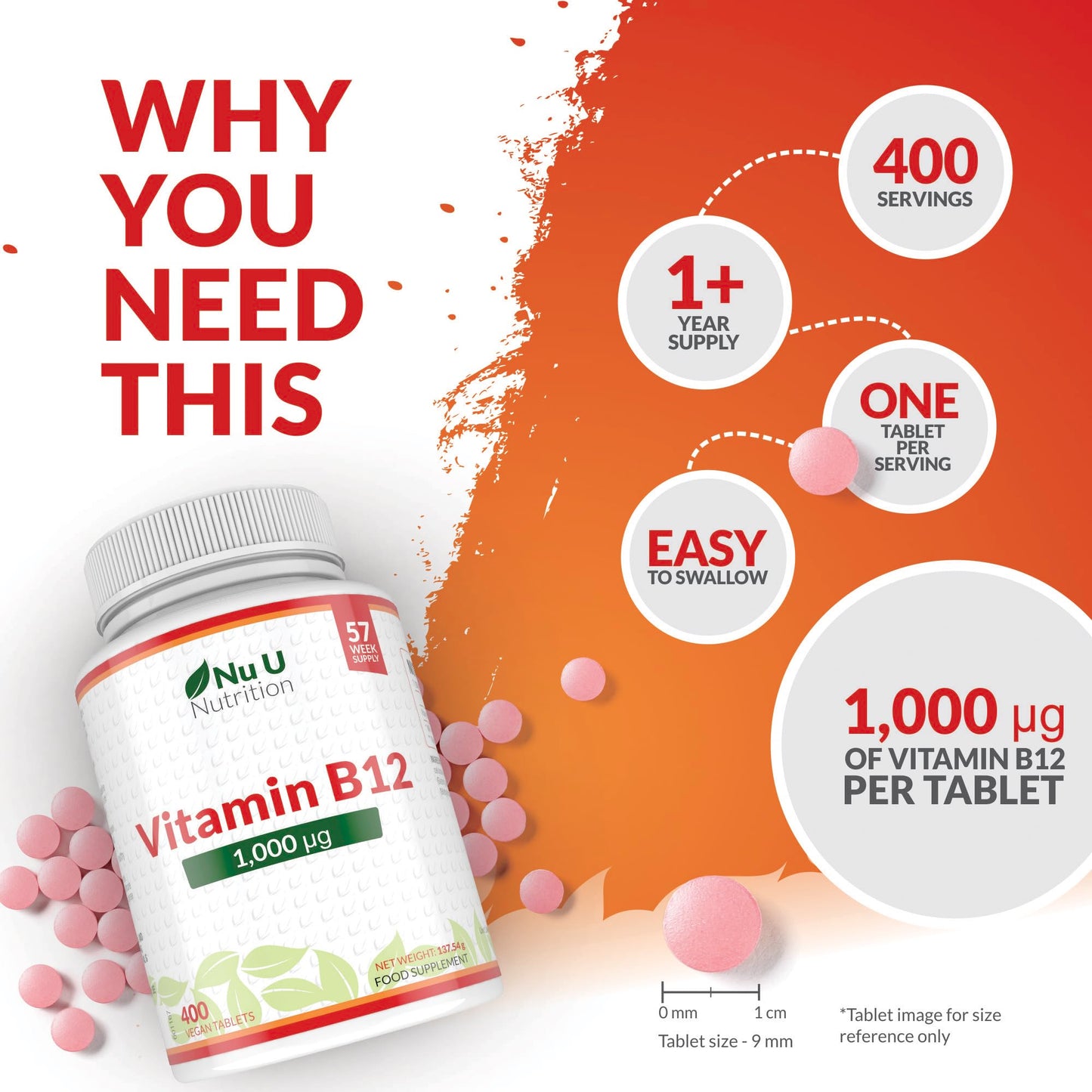 Vitamin B12 1000mcg - 400 High Strength Vegan Tablets - VIT B12 Methylcobalamin - 13 Month Supply - Contributes to The Reduction of Tiredness & Fatigue