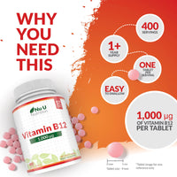 Vitamin B12 1000mcg - 400 High Strength Vegan Tablets - VIT B12 Methylcobalamin - 13 Month Supply - Contributes to The Reduction of Tiredness & Fatigue