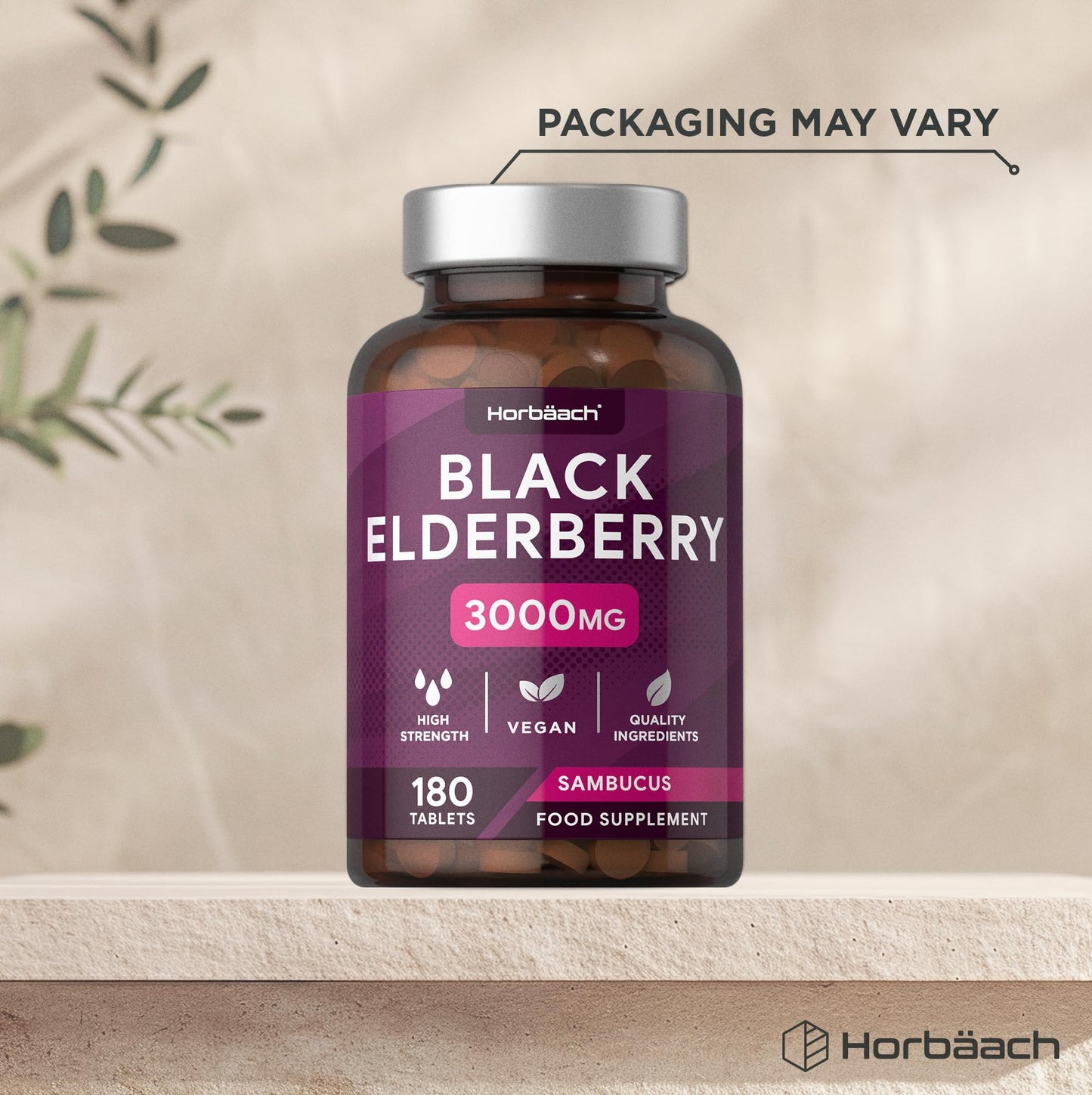 Horbäach Elderberry Supplement 3000mg | Black Sambucus Nigra Tablets | High Strength Extract | 180 Vegan Tablets | by Horbaach