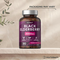 Horbäach Elderberry Supplement 3000mg | Black Sambucus Nigra Tablets | High Strength Extract | 180 Vegan Tablets | by Horbaach