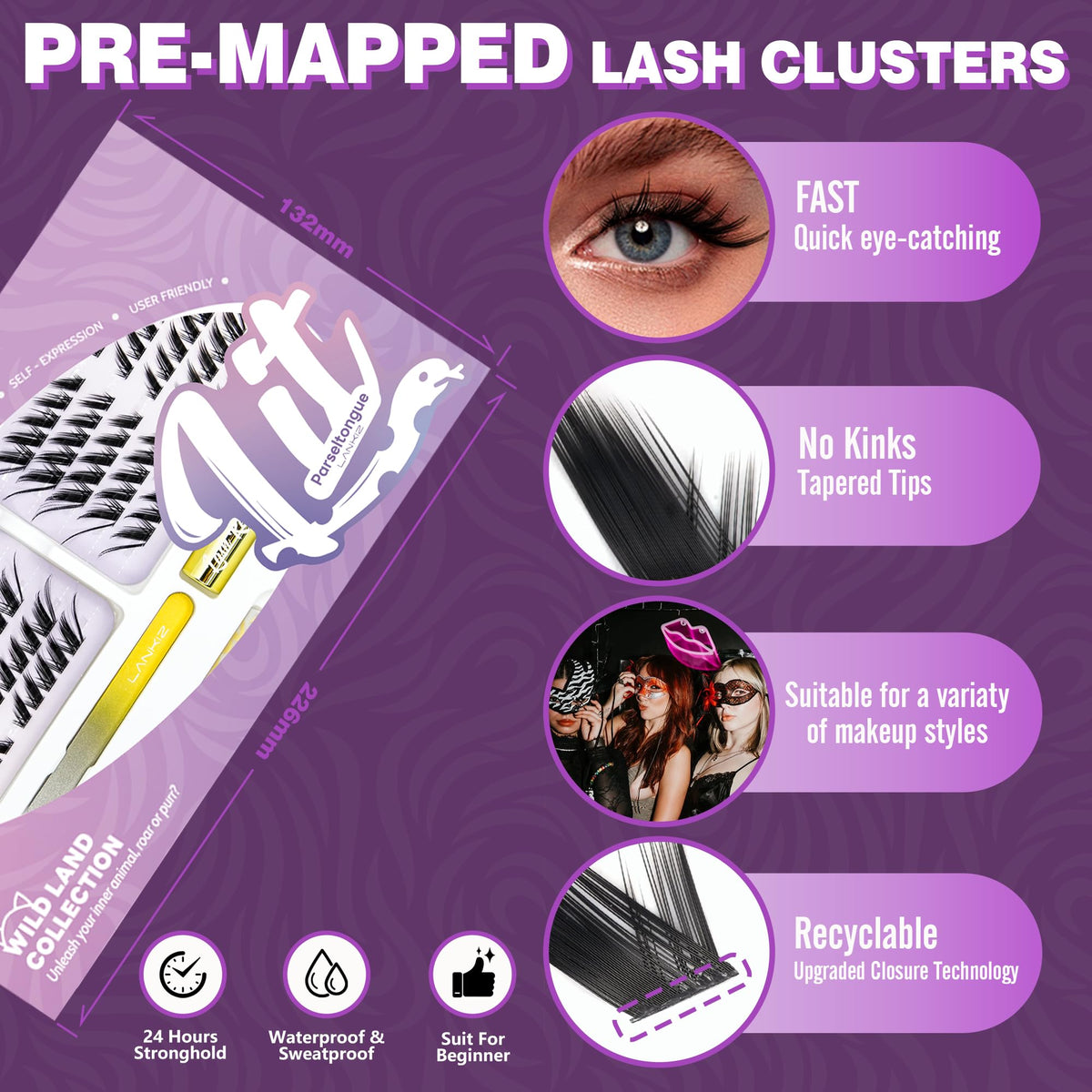 LANKIZ Cluster Lashes Kit，Lankiz Biomimetic Individual Eyelashes KIT with Lash Bond Seal and Remover Lashes Wispy C Curl Reusable Lash Extensions 100PCS DIY Waterproof(Parseltongue)