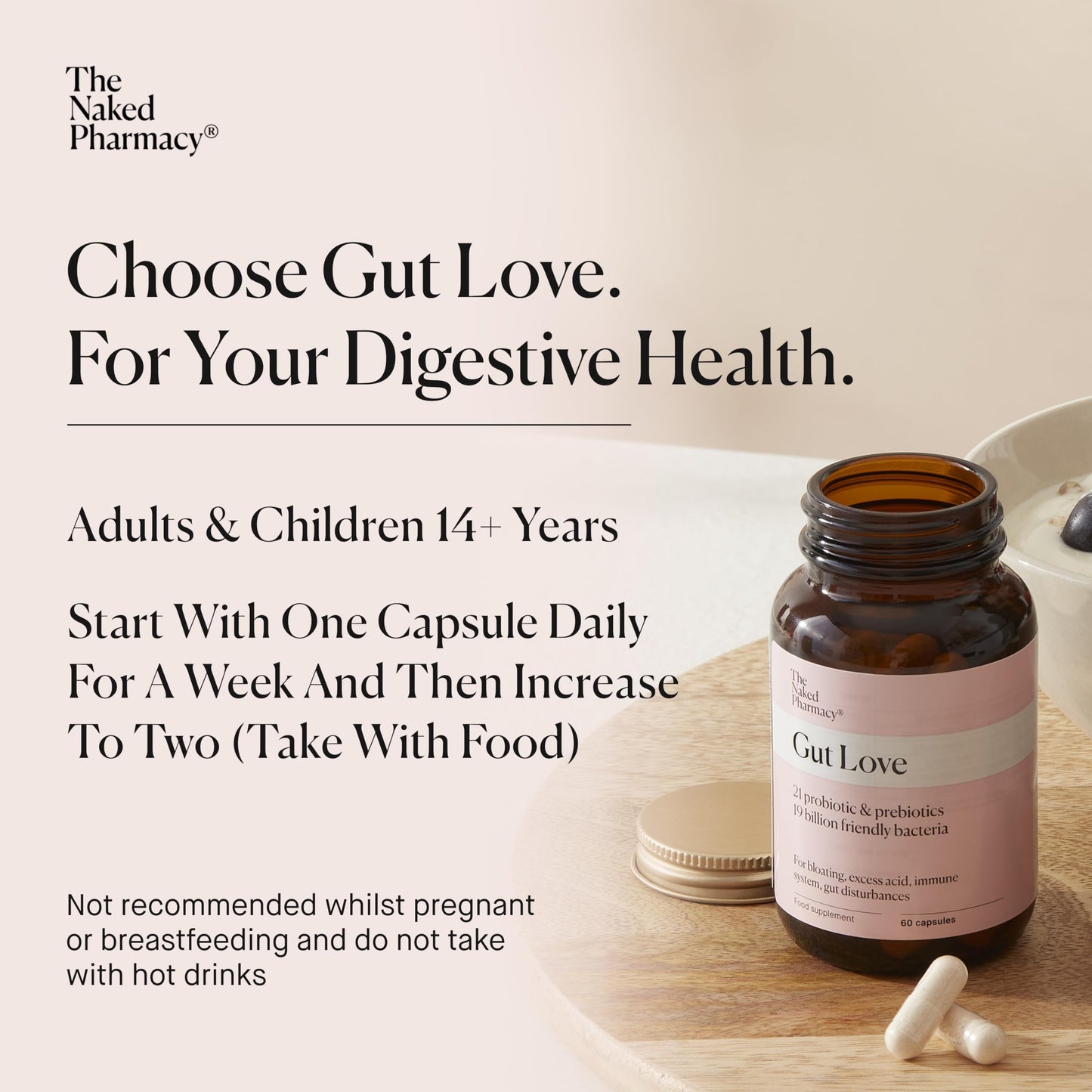 The Naked Pharmacy | Gut Love | Bloating & IBS Relief | Natural Probiotic & Prebiotic for Gut Health | High Strength | Digestive Supplements | Vegan | 60 Capsules