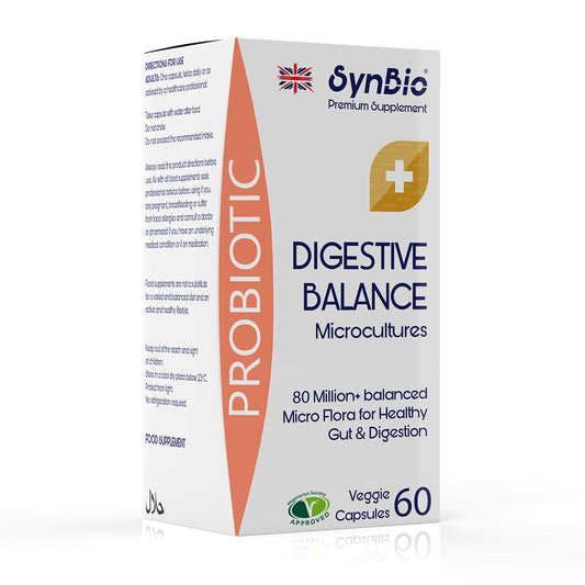 SynBio Premium+ - Probiotic - Digestive Balance | 60 Capsules | Vegetarian Certified | Microcultures | Micro Flora for Healthy Gut & Digestion | Probiotic for Men & Women | Made in The UK