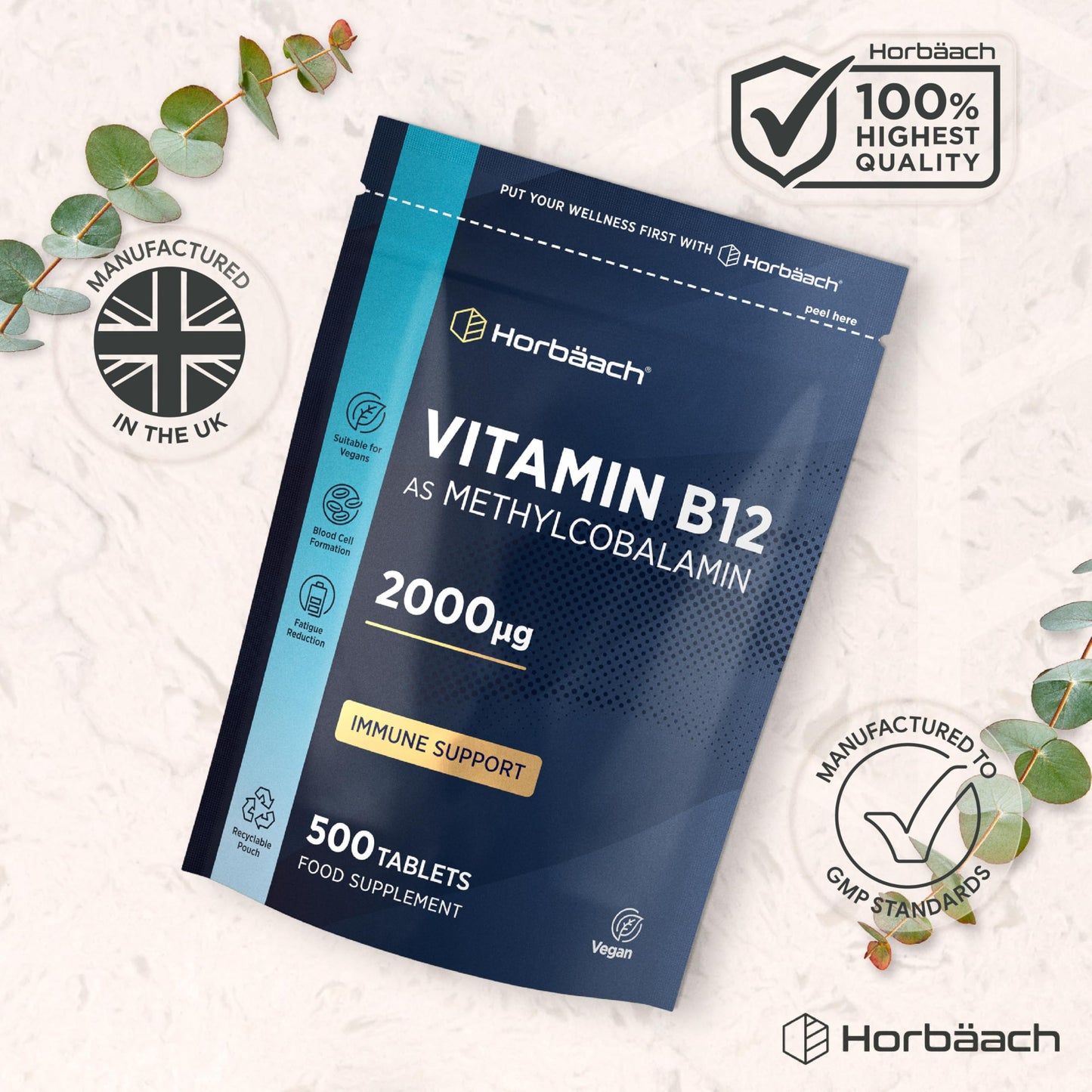 Horbäach Vitamin B12 Tablets High Strength 2000ug | 500 Vegan Tablets | Methylcobalamin | by Horbaach