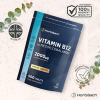 Horbäach Vitamin B12 Tablets High Strength 2000ug | 500 Vegan Tablets | Methylcobalamin | by Horbaach