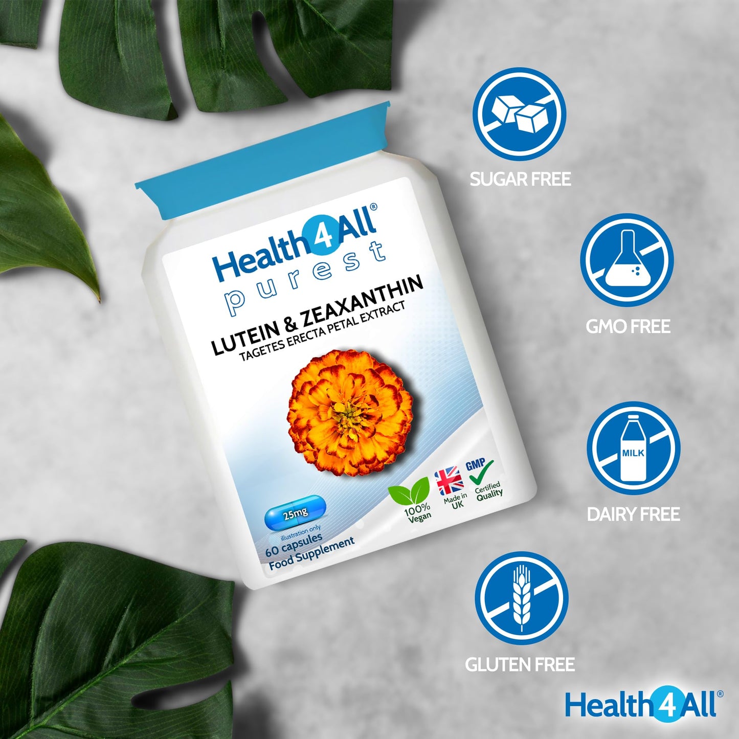 Health4All Lutein and Zeaxanthin Supplement 25mg per Capsule, 60 Capsules 2 Months Supply, Purest Eye Health Marigold Extract Supplement, Natural Eye Vitamins for Vision Care | Made in UK