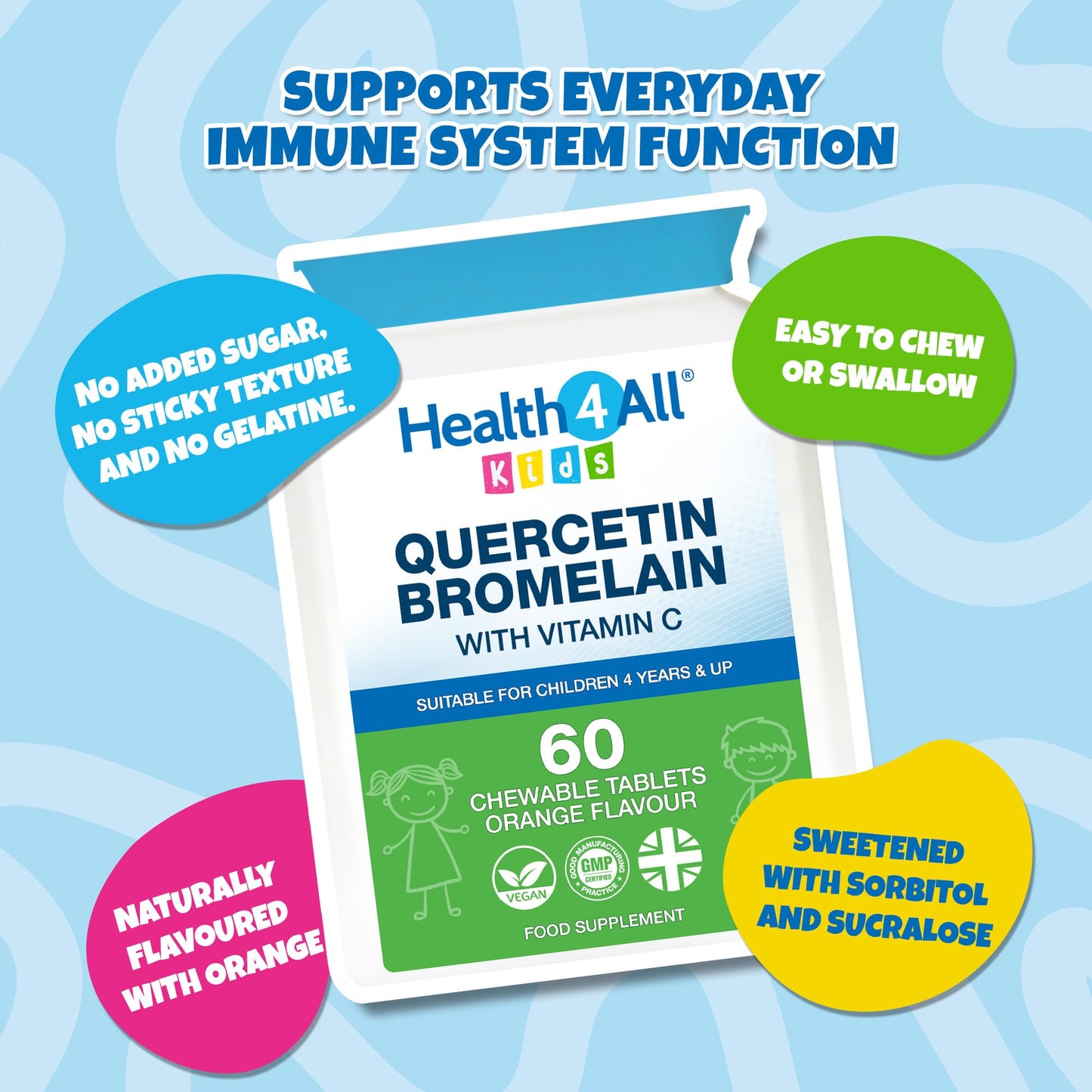Health4All Kids Quercetin with Bromelain and Vitamin C, 60 Chewable Tablets
