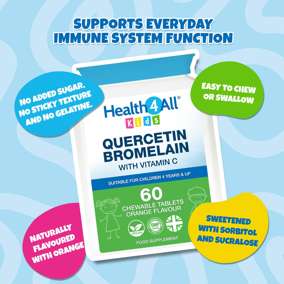 Health4All Kids Quercetin with Bromelain and Vitamin C, 60 Chewable Tablets, Vegan Natural Antihistamine Supplement, Inflammation Support, Sugar-Free Orange Flavour | Made in UK