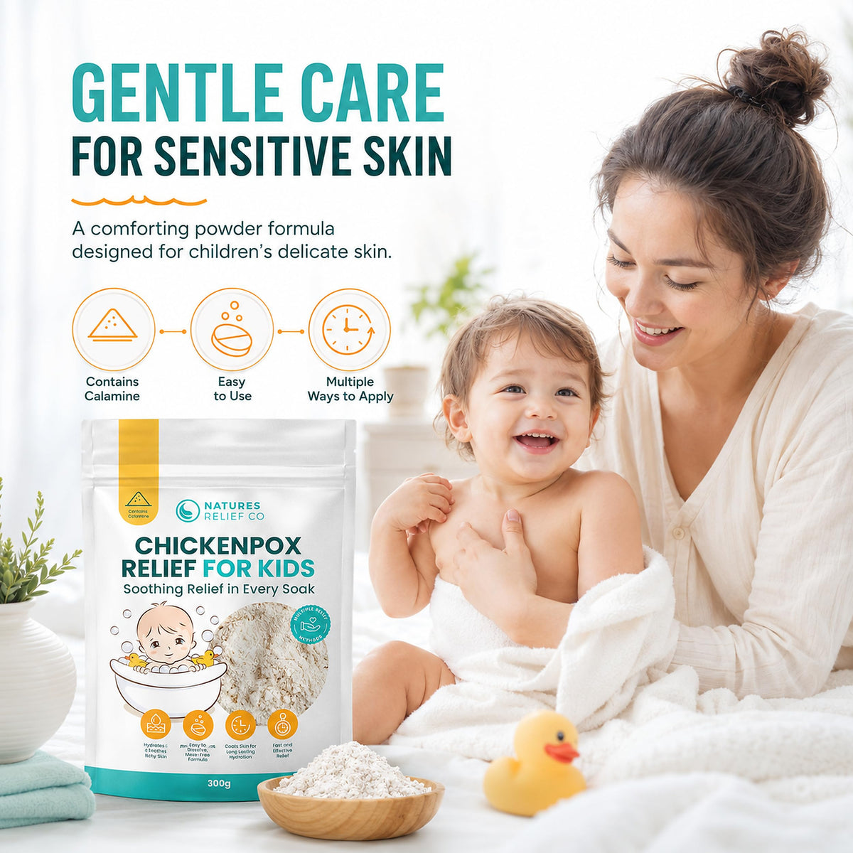 Natures Relief Co Chickenpox Relief Treatment | Colloidal Oatmeal & Calamine | Oatmeal Bath Soak for Chicken Pox Relief Kids - Colloidal Oats Bath for Itchy Skin| Made in UK | 300g