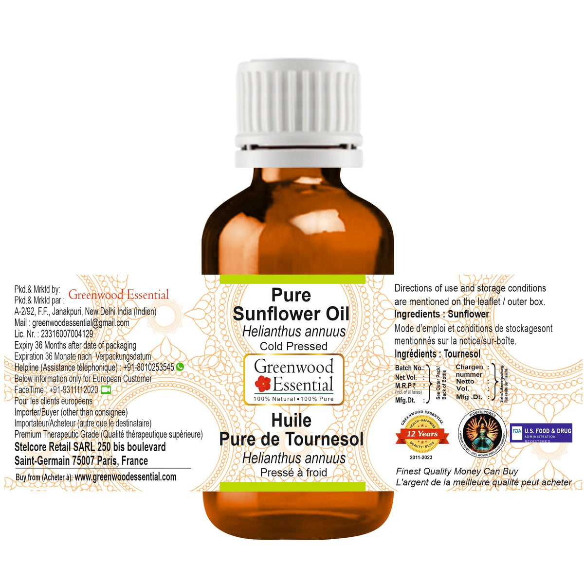 Greenwood Essential Pure Sunflower Oil (Helianthus annuus) Cold Pressed Natural Therapeutic Grade 30ml (1 oz)