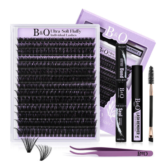 BelleQiana B&Q Cluster Lashes kit 280PCS 100D Volume Lash Extension Kit 10-18mm Ultra-Soft Eyelash Clusters D Curl Easy Application Individual Lashes at Home with Bond and Seal (100D Set-D-10-18)