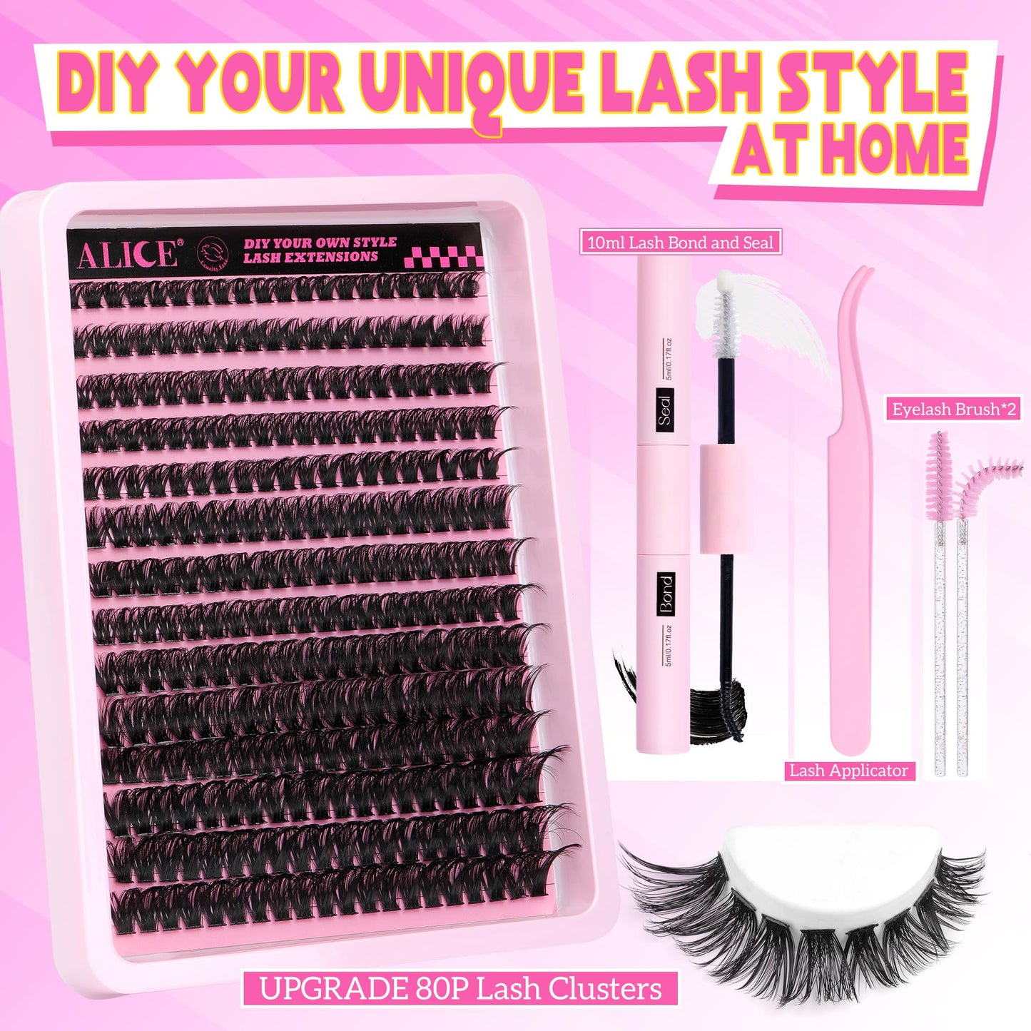 ALICE DIY Eyelash Extension Kit D Curl Fluffy Wispy Lash Clusters Individual Lashes Lash Extension Kit with Lash Bond and Seal Applicator Tool for Self Application at Home (80P-280Pcs-Mix10-16mm-0.07D)